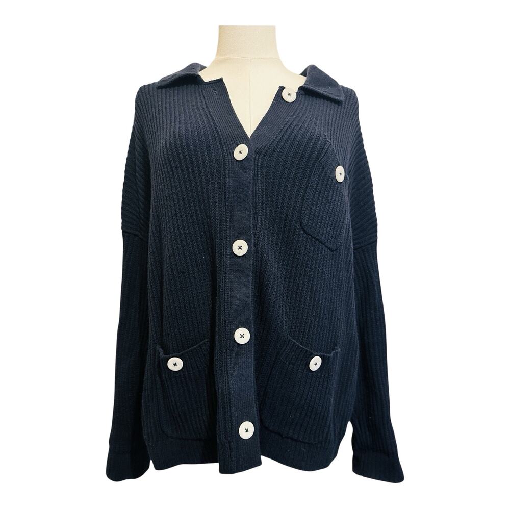 J. Jill Women's Navy Ribbed Cardigan Sweater‎ Size L Button Up Coastal Nautical - Picture 2 of 9